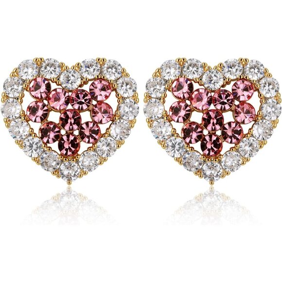 Women's Pink Clear Crystal Cute Heart Stud Gold Plated Lightweight Earrings - Picture 1 of 5